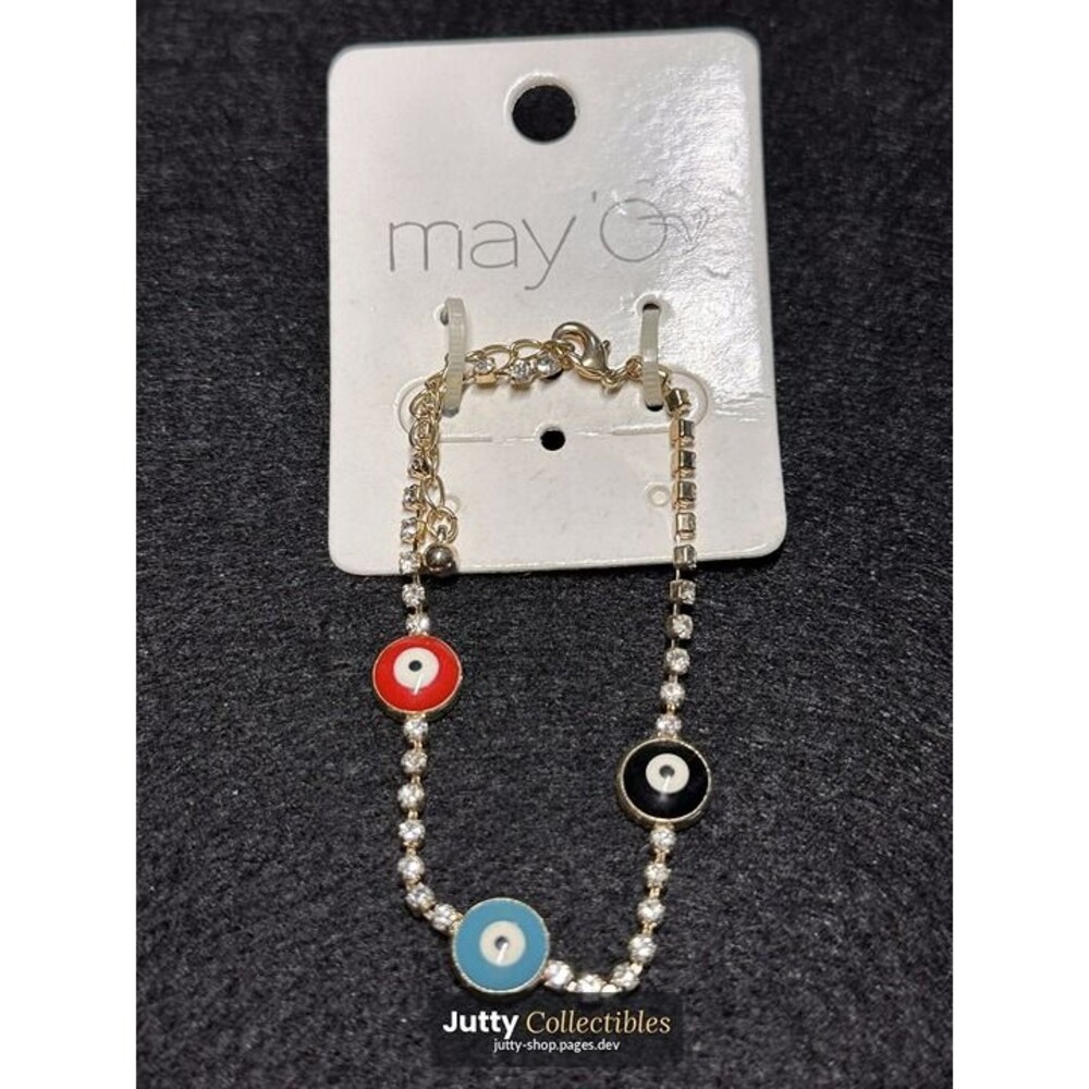 may'o evil eye beaded charm bracelet gold tone rhinestone boho protection nwt